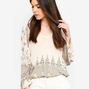 Free People Cream Boho Mandala Paisley Bell Sleeve Blouse Women’s Size S